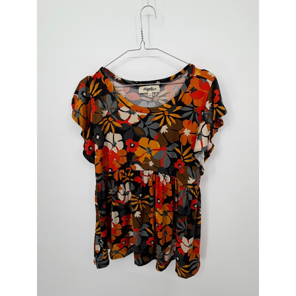 Haptics Womens Babydoll Top Floral Multicolor Flutter Sleeve Size S